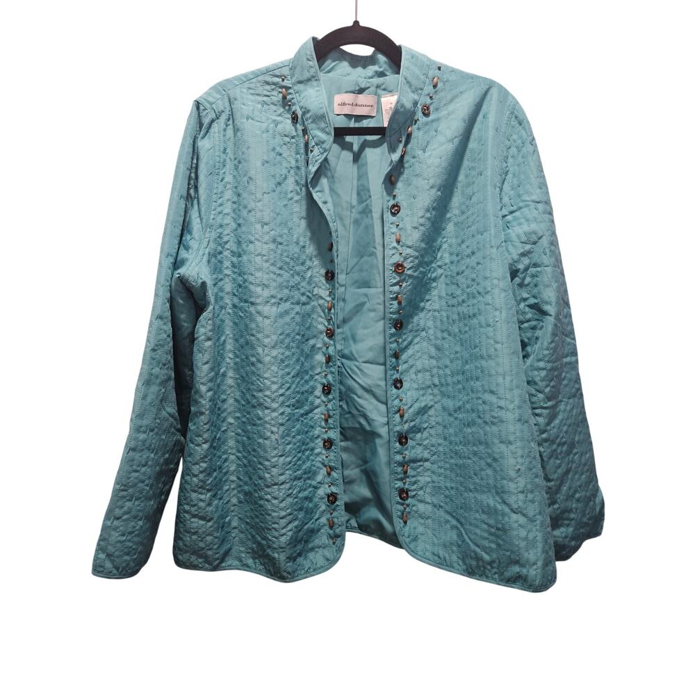 Alfred Dunner Teal Quilted Jacket Womens 14 Beaded Open Front Textured